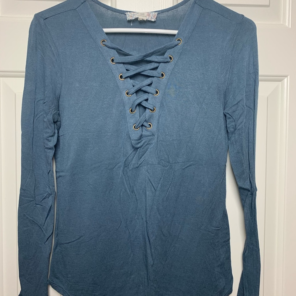 teal blue vneck long sleeve shirt